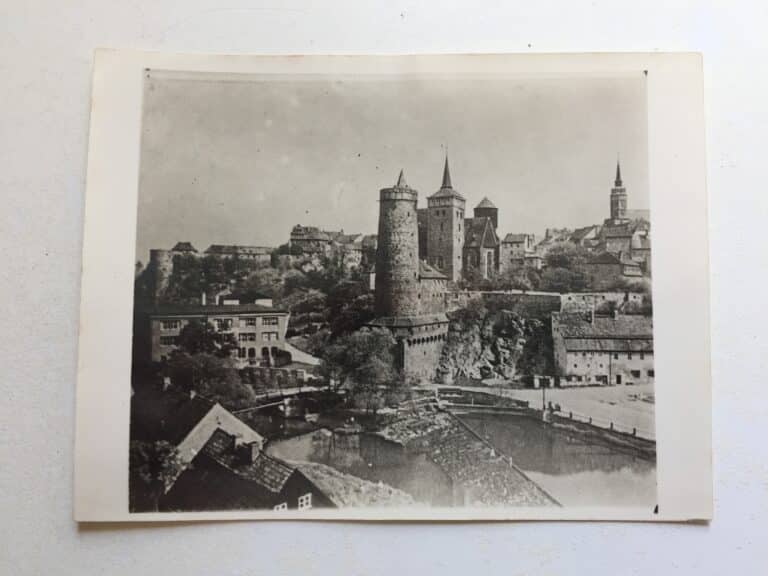Black and white foto displaying panoramic view of Bautzen's historical town centre circa 1960.