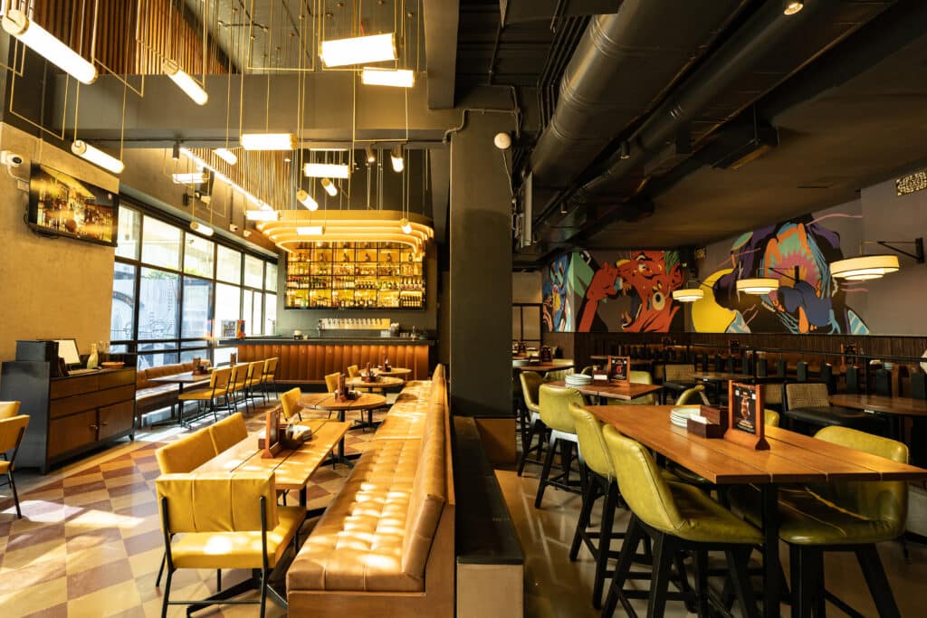Interior view of Independence Brewing Company's brewpub on Balewadi High Street, Pune.