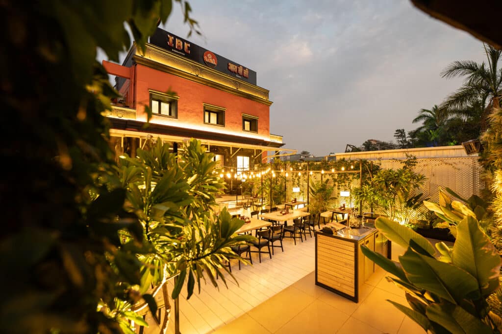 View of the beer garden at Independence Brewing Company's brewpub in Kalyani Nagar, Pune.