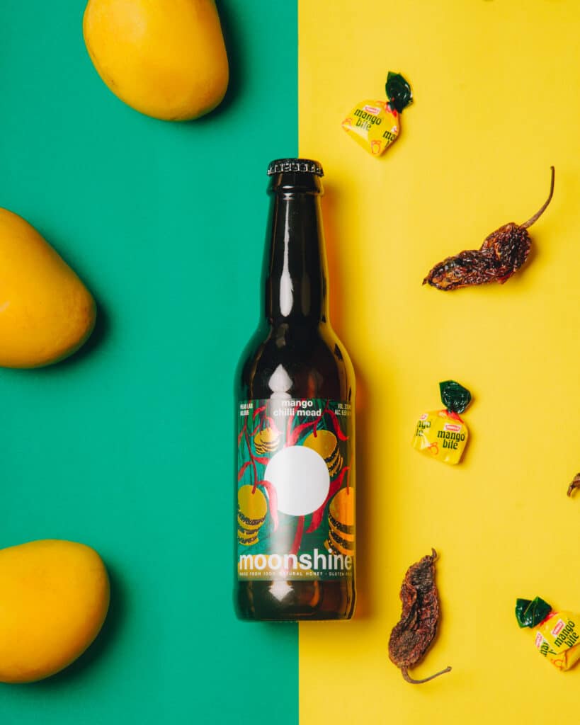 Bottle of Moonshine Meadery Mango Chilli Mead.