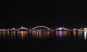 View of Dragon Bridge in Da Nang, Vietnam, by night.