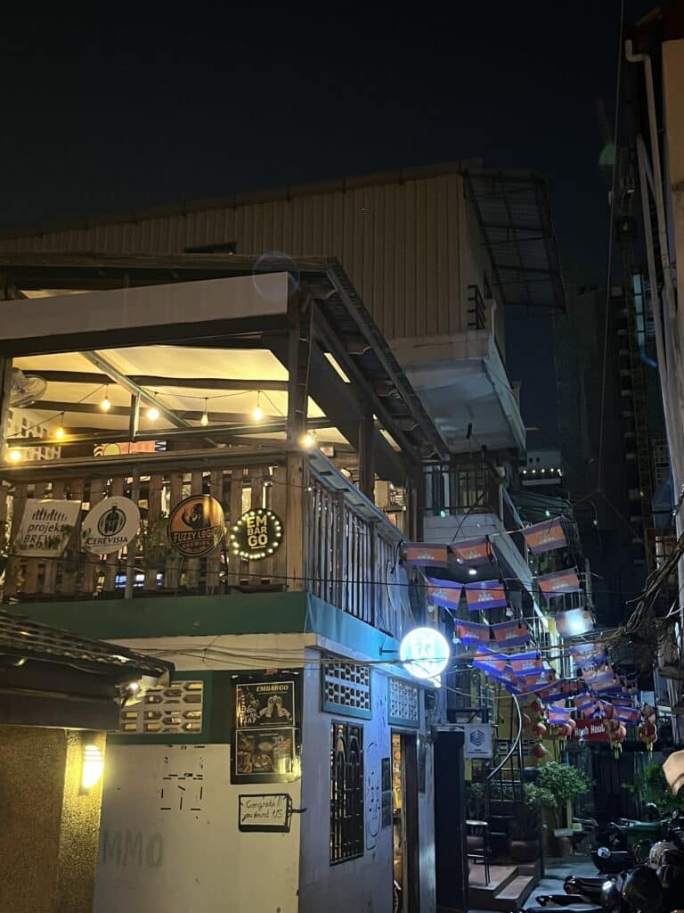 Exterior view of Embargo craft beer bar in Phnom Penh, Cambodia.