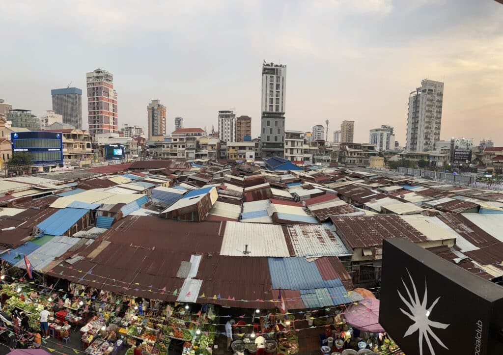 Panoramic view of Phnom Penh's Russian Market from Sundown Social Club.