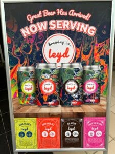 Signboard displaying Leyd Brewing Co. core range