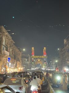Street view of Hyderabad by night.