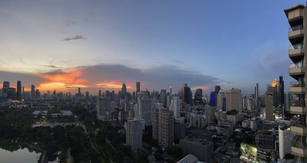 Panoramic view of Bangkok at sunset from Aesop's Greek Restaurant