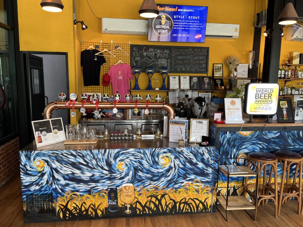 View of tap setup at Call Me Papa Brewhouse in Bangkok, Thailand.