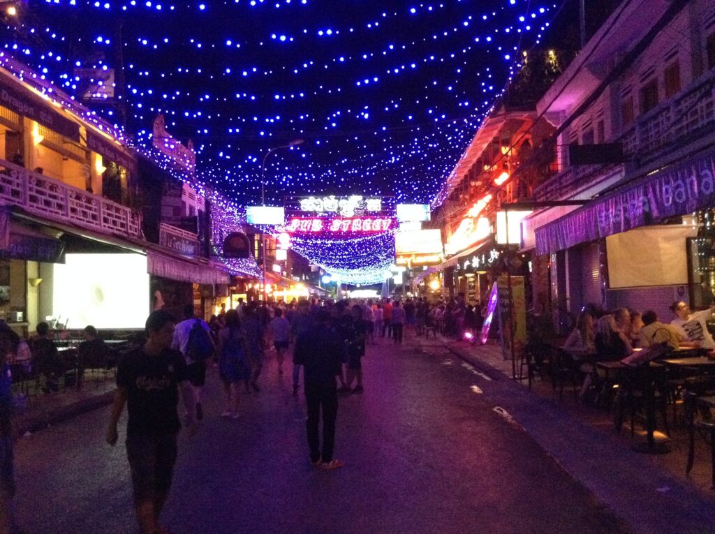 Nighttime view of Pub Street in Siem Reap, Cambodia.