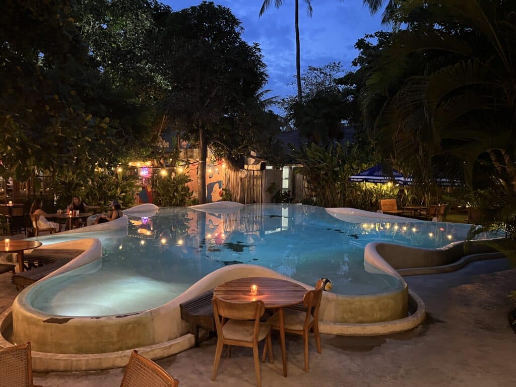 View of baby pool in the inner courtyard of Restaurant Knalpot in Kuta, Lombok.