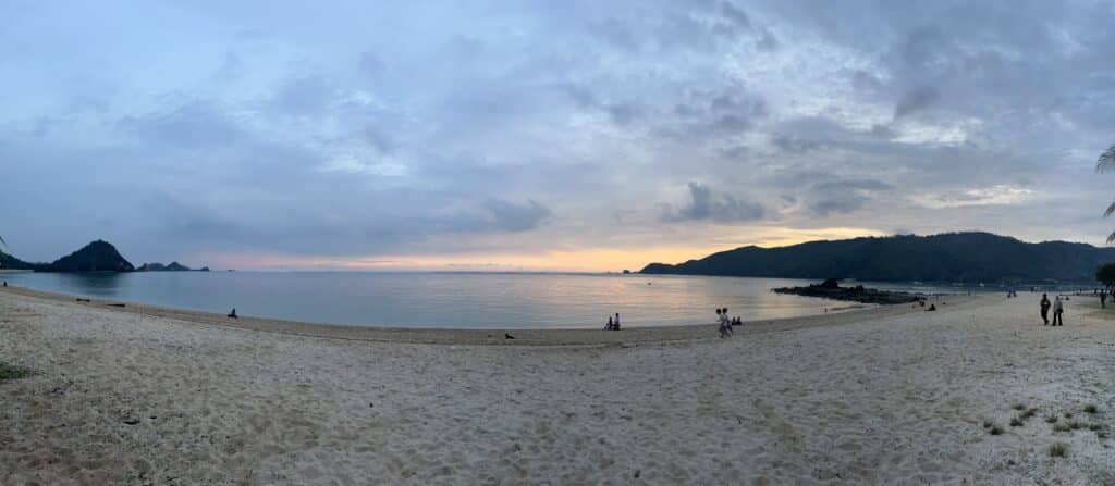 Panoramic view of sunset at Kuta Beach in Lombok, Indonesia.
